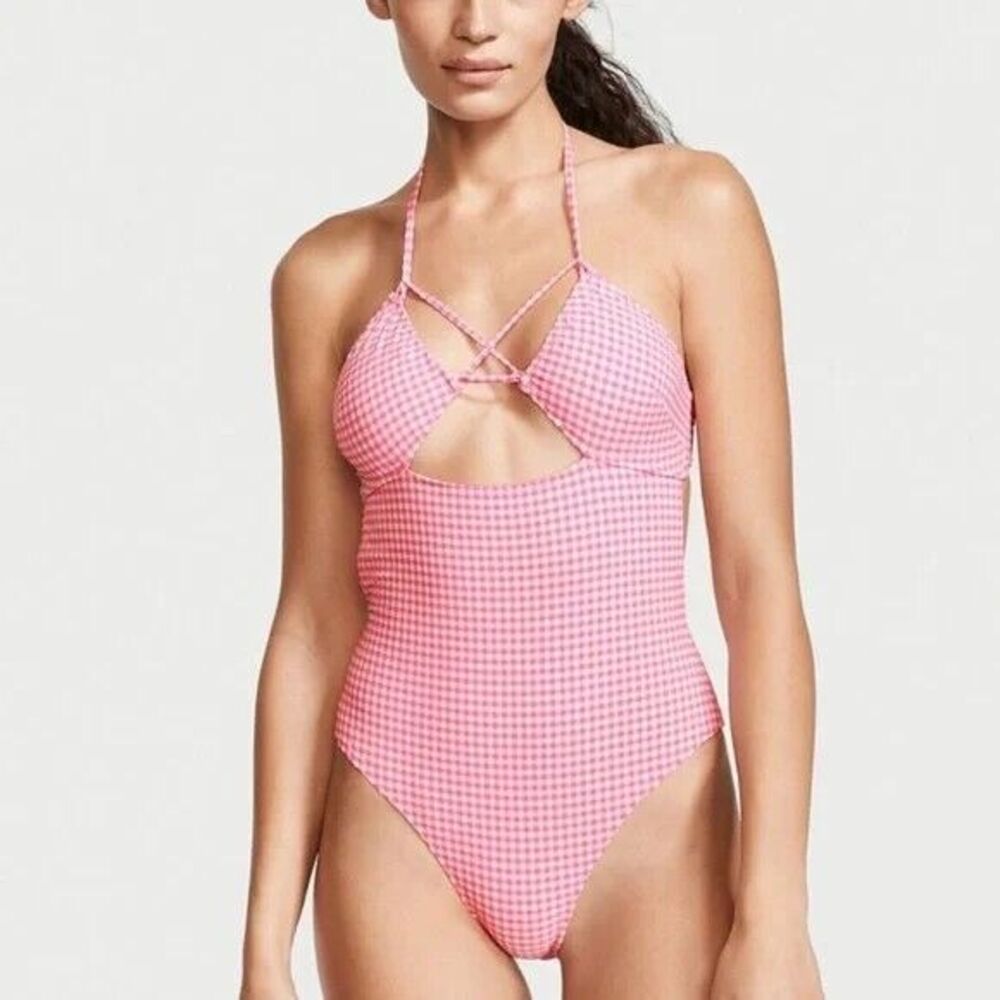 VICTORIA'S SECRET SWIM- PINK & WHITE CHECKERED GINGHAM ONE PIECE~NWT~XL~$69.95